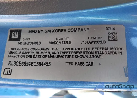 2014 Chevrolet Spark Ls Auto из США, поврежденный, VIN KL8CB6S94EC584455